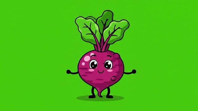 Pixel Art Beetroot Character with Green Leaves and Googly Eyes Standing and Smiling on a Vibrant Green Screen Background with a Textured Pattern