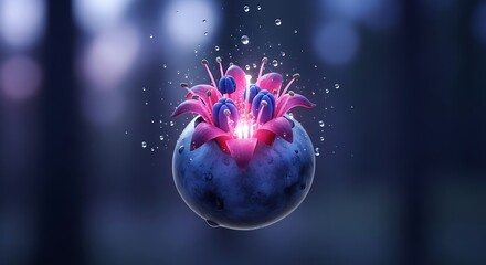 Abstract floral illustration with glowing center and water droplets