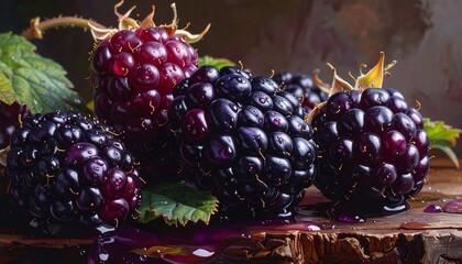 Fresh blackberries with water droplets on a wooden table, close-up macro photography