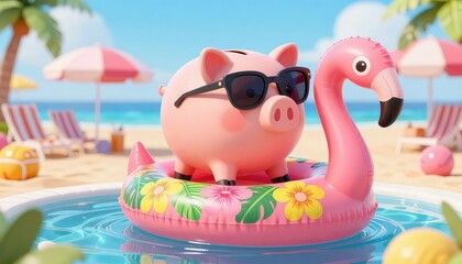 Pig wearing sunglasses relaxes on flamingo floatie by pool