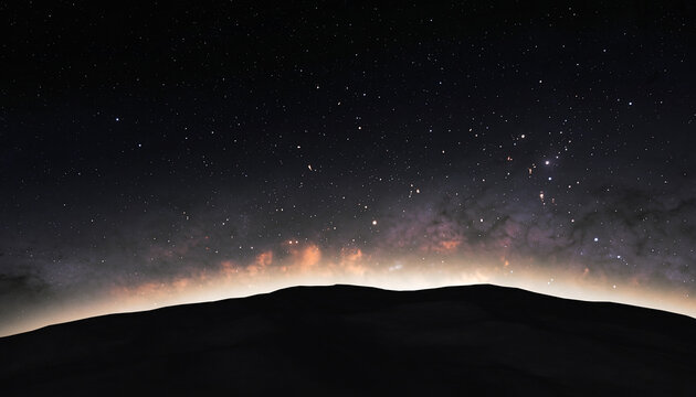 Dawn Horizon Over Silent Mountain Ridge With Starry Sky.