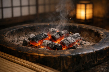 Traditional Japanese Irori Sunken Hearth With Glowing Charcoal Embers And Rising Smoke