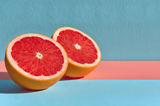 two half of red grapefruit and orange paper with copy space against pastel blue background. abstract art. minimalism - Powered by Adobe