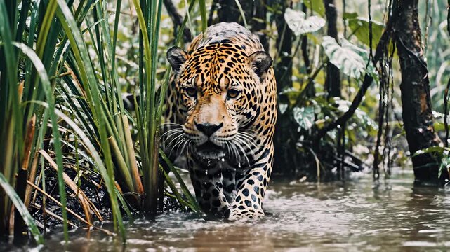 Majestic Jaguar Emerges From Lush Green Jungle Waters Approaching Through Dense Foliage in Natural Sunlight Low Angle Shot