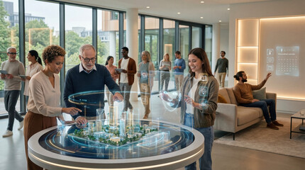 People interacting with futuristic city model and AR displays