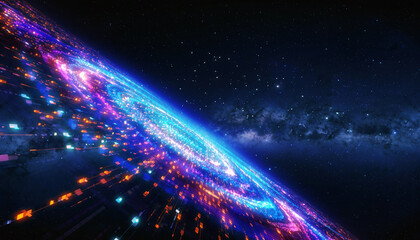 Futuristic Neon Earth with Global Data Trails.