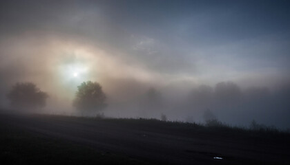 Mist shrouded sunrise over a quiet rural field with distant trees.