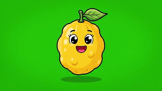 Pixel Art Lemon Character With Cute Face And Leaf On Green Screen Background