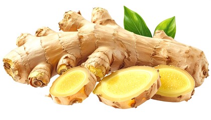 Fresh ginger root and slices with green leaves on a white background close-up