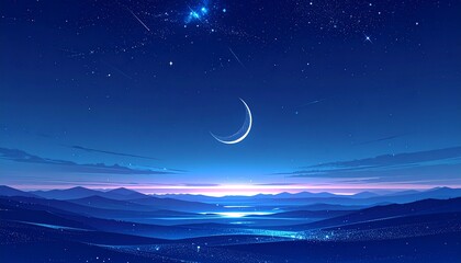 Enchanting night sky with a luminous crescent moon casting a gentle glow over undulating hills and a distant town, surrounded by a myriad of sparkling stars