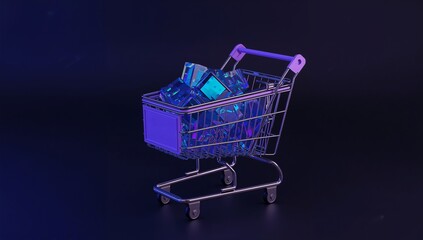 Futuristic shopping cart with glowing blue digital data cubes
