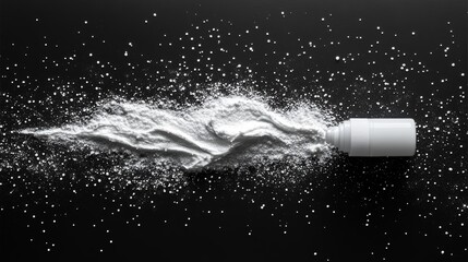 White Powder Explosion from Spray Bottle on Black Background