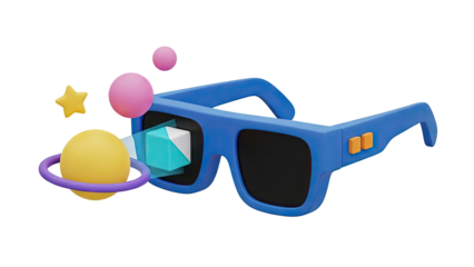 3D Rendering of Blue VR Glasses with Futuristic Elements on transparent background