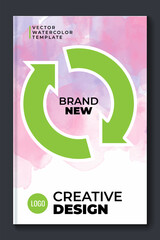 Watercolor purple A4 booklet colorful cover layout template with green arrows