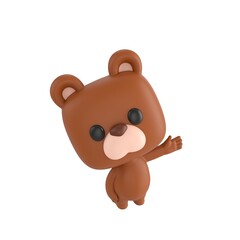 Fototapeta premium Cute 3D render Little Bear character looking up at the camera while gesturing to the side with one hand, friendly and welcoming pose, isolated on white background.