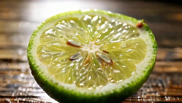 Close-up of a vibrant green lime half, showcasing its juicy pulp and seeds on a wooden surface.