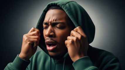 Expressive portrait of an African American man in a hoodie conveying a sense of surprise
