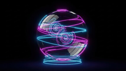 Futuristic crystal sphere radiating neon light trails abstract 3d render
