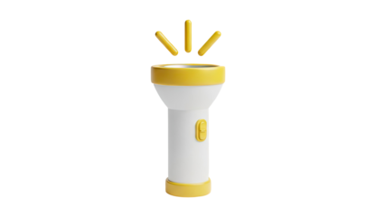 3D illustration of a cartoon flashlight with yellow accents emitting light on transparent background