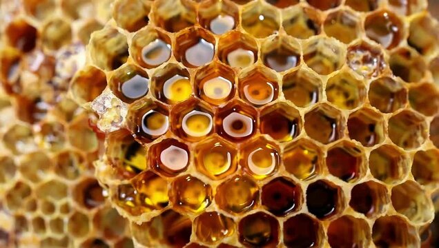 Close-up of a vibrant honeycomb with glistening honey, showcasing the intricate hexagonal cells filled with golden liquid.