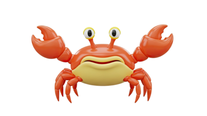 Cute cartoon crab with big eyes and pincers raised on transparent background
