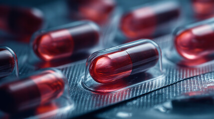 red capsule medicine, pharmaceutical pills close up, medical drug blister pack
