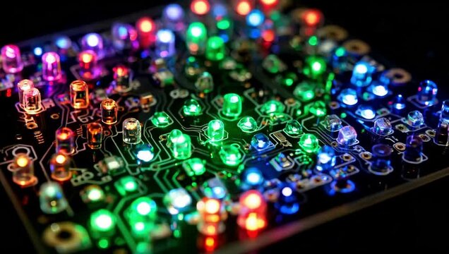 Close-up of a vibrant LED circuit board illuminating in various colors.