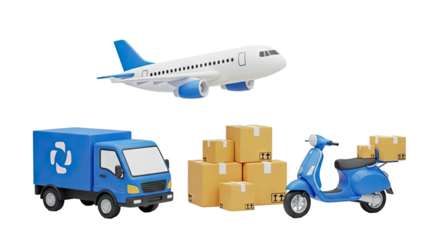 Delivery services: airplane truck scooter and packages on transparent background - Powered by Adobe