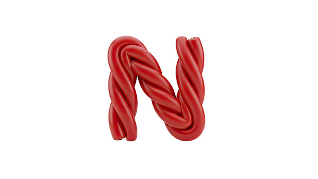 3D Red twisted letter N from candy or dough on transparent background
