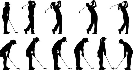 Black silhouette vector set of women golf players in various action poses, depicting golf swing, putting, competition, leisure, athletic lifestyle, and outdoor recreation for female athletes.