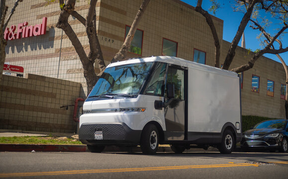 LOS ANGELES, CA - April 6, 2025: Chevrolet BrightDrop, an all-electric delivery van produced by General Motors parked at sunny city street.