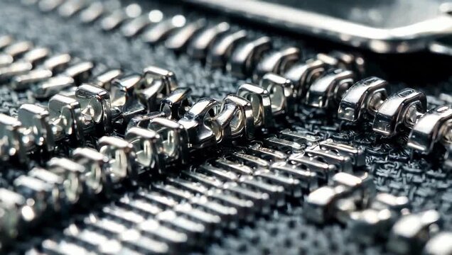 Close-up of a zipper with metal teeth.