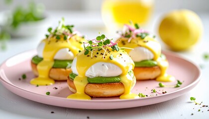 Delicious Eggs Benedict on a pink plate with hollandaise sauce and garnishes