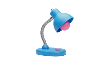 Blue desk lamp with pink bulb and switch on transparent background