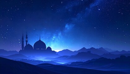 Ethereal nightscape featuring a grand mosque under a mesmerizing starlit sky, where cosmic dust paints the heavens above a serene, undulating blue desert