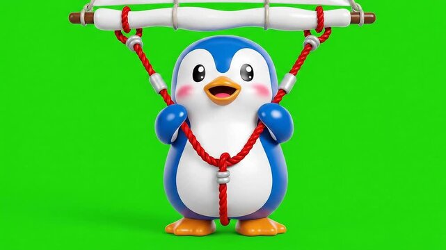Adorable Blue Penguin Character Descending with a Red Parachute Against a Vibrant Green Screen Background in a Studio Setting with Soft Illumination Capturing