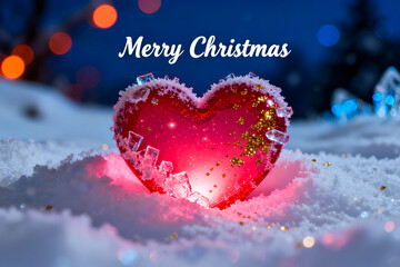 Glowing Red Glass Heart in Winter Snow with Merry Christmas Text