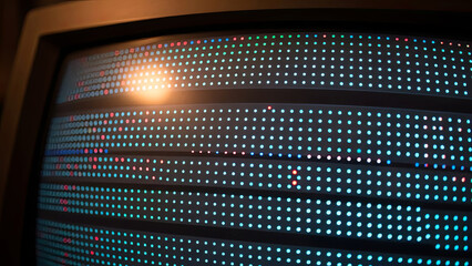 Close-up of vintage CRT television screen with light reflection.