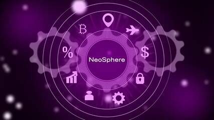 Neo Sphere Digital Network with Financial and Travel Icons NeoSphere technology - Powered by Adobe