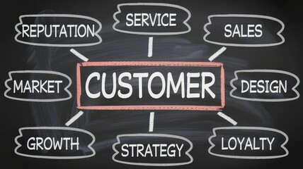 This detailed chalkboard mind map visually positions the customer at the absolute core of a business strategy, highlighting crucial interconnected elements.