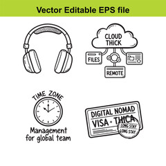  vector illustration of remote work and digital nomadism concept with headphones and visa