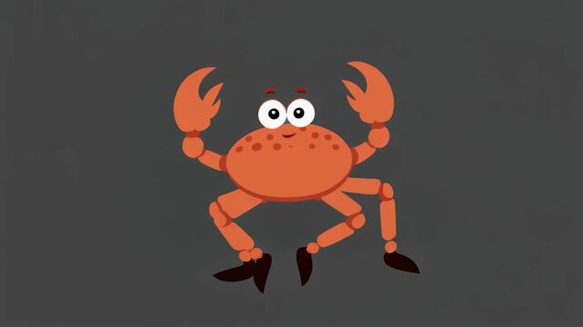 A cartoon crab with orange body and black claws on gray background.