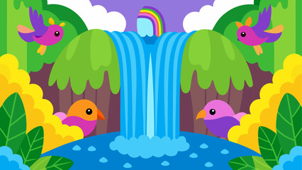 Obraz premium Vibrant forest waterfall with colorful birds