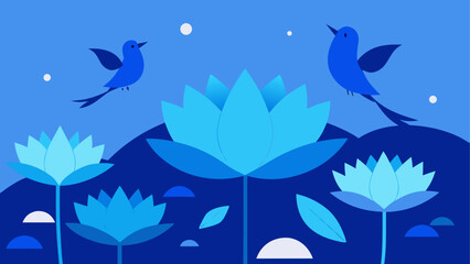 Blue birds amongst blue flowers