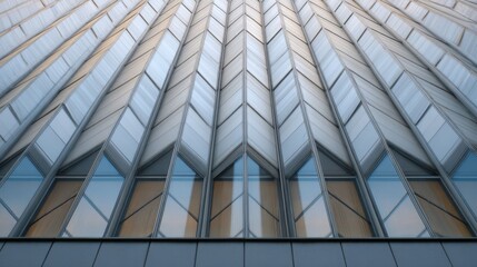 Geometric skyscraper facade with reflections with modern urban architecture.
