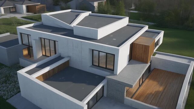 Modern minimalist house with flat roof and wooden deck.