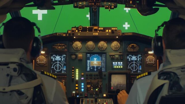Pilots operating aircraft cockpit controls during flight simulation.