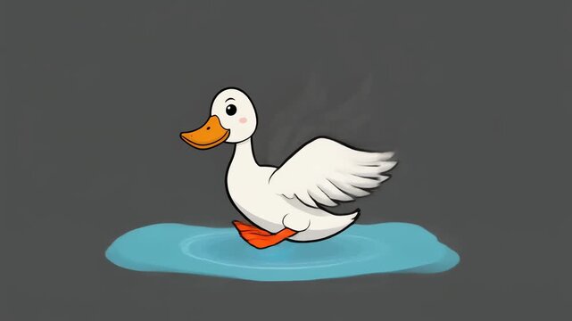 White duck standing in a puddle of water on a gray background.
