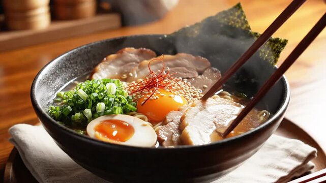 Close up of ramen bowl with egg and meat