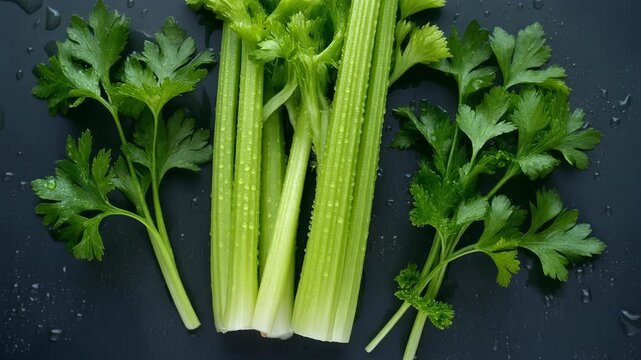 Fresh green celery stalks with leaves on dark background.